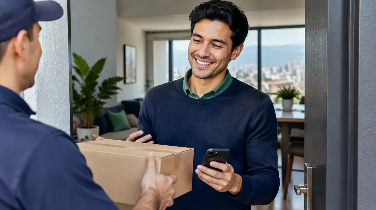 Cliente en Colombia recibiendo en su puerta una compra de Amazon traída con su casillero