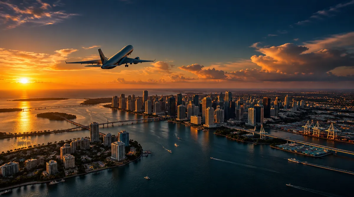 Avión despegando sobre Miami, punto de salida del casillero en Miami hacia Colombia