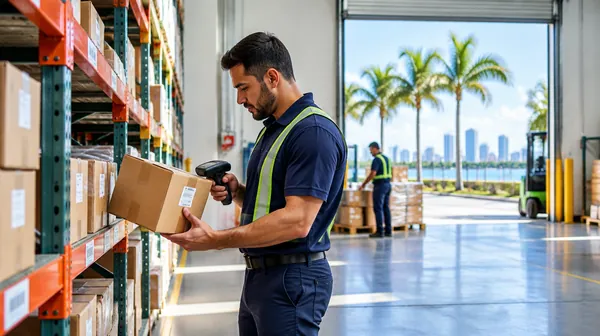 Operario escaneando paquetes en una bodega de casillero virtual en USA, en Miami