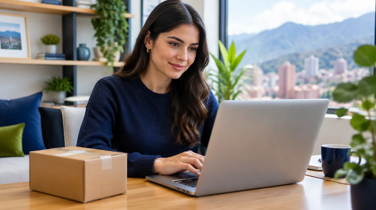 Mujer abriendo su casillero en Estados Unidos desde su computador en Colombia